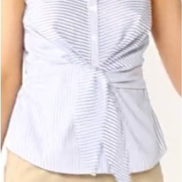 Nine West Blue and White Notched Collar Tie-Front Blouse - Picture 3 of 14
